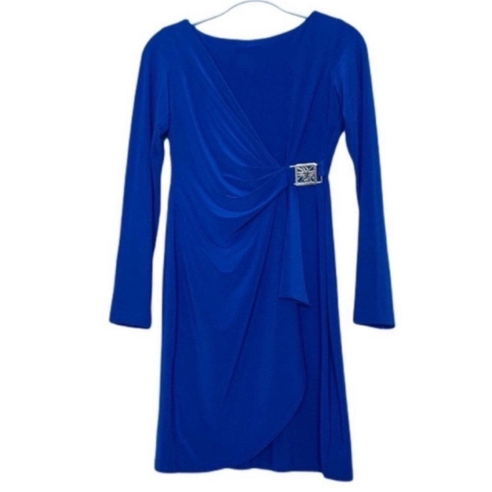 NEW Anne Klein Long Sleeve Dress Faux Wrap Jersey Sheath Ruching Blue Size 2P